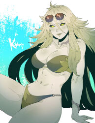 1girl arm_support artist_name barbariccia bikini breasts colored_sclera colored_skin eyewear_on_head final_fantasy final_fantasy_xiv green_bikini green_hair green_lips green_sclera green_skin hair_between_eyes highres koyorin large_breasts long_hair looking_at_viewer sitting solo sunglasses swimsuit very_long_hair yellow_eyes