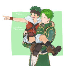 2boys 91007 :d aged_down ankle_boots arm_around_neck armor artist_name belt black_socks boots boyd_(fire_emblem) boyd_(future_great)_(fire_emblem) breastplate brothers brown_belt brown_headband carrying carrying_person chest_belt child child_carry closed_eyes closed_mouth collarbone commentary_request crossed_belts faulds fire_emblem fire_emblem:_path_of_radiance fire_emblem_heroes green_armor green_background green_eyes green_hair headband male_focus multiple_belts multiple_boys nintendo open_mouth oscar_(fire_emblem) pointing red_shirt shirt short_hair shorts siblings simple_background sleeveless sleeveless_shirt smile socks teeth time_paradox twitter_username two-tone_background vambraces watermark white_background white_shorts wristband