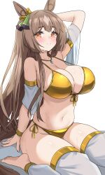 1girl animal_ears barefoot bikini blush breasts brown_eyes brown_hair cleavage closed_mouth commentary_request commission feet gold_bikini hair_between_eyes highres horse_ears horse_girl horse_tail kibihimi large_breasts long_hair looking_at_viewer multicolored_hair navel satono_diamond_(umamusume) side-tie_bikini_bottom skeb_commission smile soles solo stomach swimsuit tail thighhighs umamusume very_long_hair white_thighhighs