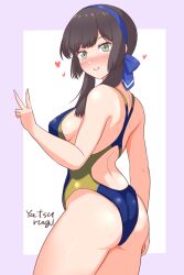 1girl ass blue_hairband blue_one-piece_swimsuit blue_ribbon breasts brown_hair competition_swimsuit covered_navel freckles green_eyes hairband heart highleg highres kantai_collection large_breasts long_hair looking_at_viewer looking_back mogador_(kancolle) one-piece_swimsuit pink_background racerback ribbon solo swimsuit thighs two-tone_one-piece_swimsuit two-tone_swimsuit v white_background yatsurugi yellow_one-piece_swimsuit
