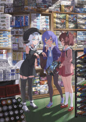 3girls ahoge bag blue_eyes brown_hair cardigan commentary_request dress full_body glasses hat highres indoors long_hair looking_at_another mary_janes mochiko-san_(voicevox) model_kit multiple_girls open_cardigan open_clothes otomachi_una pantyhose purple_hair red_eyes school_uniform shoes shop short_hair skirt smile sneakers thighhighs touhoku_kiritan twintails voiceroid voicevox white_hair yamamomo_(plank) zettai_ryouiki