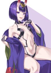 1girl absurdres bare_shoulders bob_cut breasts bridal_gauntlets collarbone eyeliner fate/grand_order fate_(series) headpiece highres horns japanese_clothes kimono long_sleeves looking_at_viewer makeup mmangu11 navel off_shoulder oni open_mouth purple_eyes purple_hair purple_kimono revealing_clothes short_eyebrows shuten_douji_(fate) sitting skin-covered_horns smile solo thighs