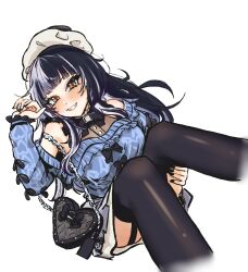 1girl alternate_costume bag black_bow black_hair black_thighhighs blue_shirt bow grey_hair grin handbag hololive hololive_english long_hair multicolored_hair penguin_stamp shiori_novella shirt simple_background skirt smile solo split-color_hair teeth thighhighs two-tone_hair virtual_youtuber white_background white_skirt yellow_eyes