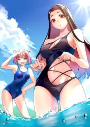Rule 34 | 2girls, :o, black hair, black one-piece swimsuit, blue one-piece swimsuit, blue sky, breasts, cleavage, cleavage cutout, clothing cutout, collarbone, commentary request, contrapposto, covered navel, cowboy shot, day, folded twintails, from below, green eyes, grin, half-closed eyes, highres, hongou miyuki, impossible clothes, impossible swimsuit, large breasts, long hair, looking at viewer, looking down, medium breasts, multicolored hair, multiple girls, navel, ocean, one-piece swimsuit, open mouth, pink eyes, pink hair, sawaranaide kotesashi-kun, sayamagaoka chiyo, shinjou takuya, short hair, sidelocks, single-shoulder one-piece swimsuit, skin tight, sky, smile, standing, stomach cutout, straight hair, sun, swimsuit, two-tone hair, wading