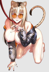 Rule 34 | animal collar, animal ears, barefoot, blonde hair, breasts, collar, feet, green eyes, hololive, hololive dev is, jacket, jewelry, koganei niko, large breasts, leash, multiple rings, nail polish, nipples, open clothes, open jacket, pet play, ring, studio poon, sunglasses, tail