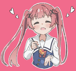 Rule 34 | 1girl, blue dress, closed eyes, commentary request, cropped torso, dress, facing viewer, highres, holding, holding spoon, kapuru 0410, long hair, open mouth, outline, pinafore dress, pink background, red hair, shirt, simple background, sleeveless, sleeveless dress, solo, spoon, tanemura koyori, twintails, watashi ni tenshi ga maiorita!, white outline, white shirt