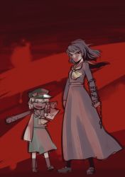 Rule 34 | 2girls, alternate costume, banchou, baseball bat, blood, chain, delinquent, female focus, frog, hat, moriya suwako, multiple girls, school uniform, serafuku, short hair, straw (stalk), touhou, ume (noraneko), weapon, yasaka kanako