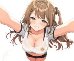 1girl absurdres arms_up black_shorts blush breasts brown_eyes brown_hair cleavage commentary_request crop_top from_above girls&#039;_frontline girls&#039;_frontline_2:_exilium grin hair_intakes hair_ornament highres k2_(girls&#039;_frontline) large_breasts long_hair looking_at_viewer navel one_side_up outstretched_arms shen_bi_ren_(pixiv56919482) shirt short_shorts short_sleeves shorts signature simple_background smile solo sweat thighs very_sweaty white_background white_shirt yoohee_(girls&#039;_frontline_2)
