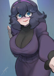 1girl @_@ ahoge alternate_breast_size black_hair blush breasts dress hair_between_eyes hairband hex_maniac_(pokemon) highres john_(a2556349) large_breasts long_dress long_hair long_sleeves looking_at_viewer messy_hair nintendo open_mouth pokemon pokemon_xy purple_dress purple_eyes purple_hair purple_hairband smile solo stuck