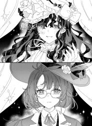 Rule 34 | 2girls, bow, cowboy shot, eyewear strap, flower, glasses, greyscale, grin, hair bow, hand up, hat, hat bow, hat feather, hat flower, highres, isolde (reverse:1999), jacket, kakania (reverse:1999), long hair, looking at viewer, monochrome, multiple girls, neck ribbon, parted lips, reverse:1999, ribbon, semi-rimless eyewear, smile, tabin, under-rim eyewear, upper body, veil