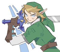 1boy armor belt blonde_hair blue_eyes brown_belt brown_gloves chainmail closed_mouth dirty dirty_face earrings fighting_stance fingerless_gloves furrowed_brow gloves green_tunic holding holding_sword holding_weapon jewelry link looking_at_viewer male_focus master_sword multiple_earrings nintendo phrygian_cap pointy_ears shirt short_hair sidelocks solo starrymarii swept_bangs sword the_legend_of_zelda the_legend_of_zelda:_twilight_princess tunic upper_body vambraces weapon white_background white_shirt