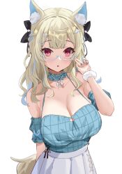 1girl alternate_costume animal_ear_fluff animal_ears bare_shoulders bespectacled black_bow blonde_hair blue_streaks blush bow braid breasts cleavage commentary dog_ears dog_girl fuwawa_abyssgard glasses grey_shirt hair_bow hair_ornament highres hololive hololive_english inurock large_breasts long_hair looking_at_viewer open_mouth plaid_clothes plaid_shirt red_eyes semi-rimless_eyewear shirt side_braids simple_background skirt solo upper_body virtual_youtuber white_background white_skirt x_hair_ornament