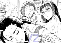 1girl 2boys blanket blush bob_cut closed_eyes closed_mouth commentary_request covering_with_blanket cup drooling finger_to_mouth glasses greyscale guinble hat hatching_(texture) holding holding_blanket jacket kinon_bachika linear_hatching long_hair monochrome mouth_drool mug multiple_boys rossiu_adai round_eyewear shushing single_bang sleeping sticky_note sweat tengen_toppa_gurren_lagann thick_eyebrows umapan