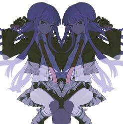 1girl black_boots black_jacket black_skirt boots braid closed_mouth collared_shirt danganronpa:_trigger_happy_havoc danganronpa_(series) gloves hai_(haihki) jacket kirigiri_kyoko long_hair long_sleeves necktie open_clothes open_jacket pleated_skirt purple_hair red_necktie shirt side_braid simple_background skirt symmetry very_long_hair white_background white_shirt
