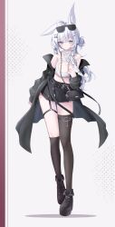 1girl ahoge animal_ear_fluff animal_ears asymmetrical_legwear bag bare_shoulders belt black_bag black_jacket black_shoes black_skirt black_socks black_thighhighs blue_eyes boots breasts chain cleavage cleavage_cutout closed_mouth clothing_cutout coat crop_top cross eyewear_on_head full_body grey_hair hair_bun hair_ornament hairclip handbag highres jacket kneehighs long_hair long_sleeves looking_at_viewer medium_breasts midriff miniskirt off_shoulder open_clothes open_jacket original platform_boots rabbit_ears rabbit_girl satoh_vrc shirt shoes shoulder_bag single_hair_bun single_kneehigh single_side_bun single_sock single_thighhigh skirt sleeveless sleeveless_shirt sleeveless_turtleneck socks solo standing sunglasses thigh_strap thighhighs thighs turtleneck uneven_legwear vrchat white_hair white_shirt x_hair_ornament
