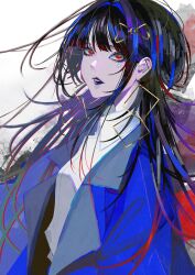 1girl absurdres black_hair blue_coat coat earrings eyeliner highres jewelry long_hair looking_at_viewer makeup original parted_lips red_eyes syakemayusan white_background