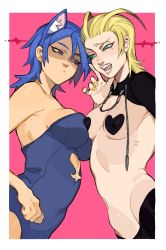 2girls animal_ears antenna_hair aqua_(kingdom_hearts) aqua_eyes asymmetrical_docking blonde_hair blue_eyes blue_hair breast_press female_focus green_eyes heart_pasties highres kingdom_hearts larxene meme_attire multiple_girls nail_polish navel open_mouth pasties pink_background porqueloin reverse_bunnysuit reverse_outfit shrug_(clothing) upper_body yellow_nails
