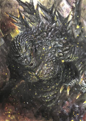 Rule 34 | absurdres, building, claws, day, debris, dinosaur, embers, g.n.a, giant, giant monster, godzilla, godzilla (series), godzilla minus one, highres, kaiju, looking at viewer, monster, no humans, open mouth, real world location, rubble, ruins, sea monster, sharp teeth, spikes, tail, teeth, toho, tower, yellow eyes