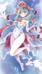 1girl absurdres breasts cleavage cosplay gen_1_pokemon goldeen goldeen_(cosplay) green_hair highleg highleg_leotard highres kagiyama_hina leotard medium_breasts meguri_uguisu misty_(pokemon) misty_(pokemon)_(cosplay) nintendo one_eye_closed pantyhose pokemon pokemon_(anime) pokemon_(classic_anime) pokemon_ep043 touhou white_leotard white_pantyhose wink