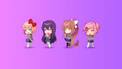 4girls :d ahoge black_thighhighs blazer blue_eyes blue_shoes blue_skirt blush book bow breasts brown_hair brown_sweater_vest buttons chibi chibi_only clenched_hands closed_mouth collared_shirt commentary contrapposto covering_own_mouth doki_doki_literature_club doki_doki_literature_club_plus doki_doki_literature_club_school_uniform dot_nose double-parted_bangs dress_shirt english_commentary eyebrows_hidden_by_hair fang flat_chest full_body game_cg gradient_background green_eyes grey_jacket grin hair_bow hair_intakes hair_ornament hairclip half-closed_eyes hand_on_own_chest hand_on_own_chin hand_on_own_hip hands_on_own_hips head_tilt high_ponytail highres holding holding_book jacket kneehighs knees_together_feet_apart legs_apart legs_together lineup long_eyelashes long_hair long_sidelocks long_sleeves looking_at_viewer medium_breasts miniskirt monika_(doki_doki_literature_club) multiple_girls natsuki_(doki_doki_literature_club) neck_ribbon non-web_source official_art official_wallpaper open_book open_clothes open_jacket open_mouth own_hands_together parted_bangs pen_to_mouth pink_background pink_eyes pink_hair pink_shoes pleated_skirt ponytail purple_background purple_eyes purple_hair raised_inner_eyebrows red_bow red_ribbon ribbon satchely sayori_(doki_doki_literature_club) school_uniform shirt shoes short_hair shy side-by-side sidelocks skirt smile socks straight-on sweater_vest swept_bangs tareme thick_eyelashes thighhighs tsurime two_side_up v-shaped_eyebrows v_arms very_long_hair wavy_hair white_bow white_shirt x_hair_ornament yuri_(doki_doki_literature_club) zettai_ryouiki