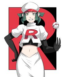 1girl black_gloves black_undershirt cosplay ememtrp gloves green_eyes green_hair highres jessie_(pokemon) jessie_(pokemon)_(cosplay) letter midriff navel nintendo pale_skin poke_ball pokemon pokemon_(anime) pokemon_usum premier_ball shirt simple_background skirt smile team_rainbow_rocket team_rainbow_rocket_grunt team_rocket team_rocket_uniform white_headwear white_shirt white_skirt