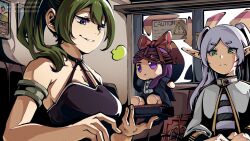 3girls black_dress breasts chibi dress elf fern_(sousou_no_frieren) fingernails flat_chest frieren green_eyes green_hair highres ink_(medium) long_hair medium_breasts medium_hair multiple_girls pencilnote pointy_ears purple_eyes purple_hair smile sousou_no_frieren stuffed_toy traditional_media ubel_(sousou_no_frieren)