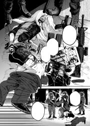 1girl army bdsm bike_shorts blood bondage bound gloves gun gun_fellatio_(shingeki_no_kyojin) guro highres holding holding_gun holding_weapon monochrome original red_hod weapon