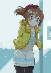 1girl arms_behind_back blush_stickers brown_eyes brown_hair dress hood hooded_jacket hori_yuko idolmaster idolmaster_cinderella_girls jacket oyuzaki_(ayuzaki) pantyhose pixel_art ponytail smile snow solo sweater sweater_dress tareme