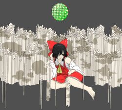Rule 34 | ascot, back hair, bare shoulders, bow, chest sarashi, cloud print, detached sleeves, frilled bow, frilled hair tubes, frilled skirt, frills, grey background, hair tubes, hakurei reimu, hand on own leg, highres, looking to the side, no shoes, nontraditional miko, rannsama (pa), red bow, red skirt, ribbon-trimmed sleeves, ribbon trim, sarashi, single bare foot, sitting, skirt, skirt set, smile, touhou, yellow ascot, yellow eyes