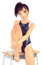 1girl aqua_nails barefoot black_hair black_one-piece_swimsuit breasts brown_eyes commentary_request competition_swimsuit desk feet fumichika_mori knee_up looking_at_viewer nail_polish on_desk one-piece_swimsuit original parted_lips side_ponytail sitting small_breasts solo swimsuit tan tanline toenail_polish toenails toes