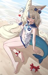 1girl ;d absurdres ahoge animal_ear_fluff animal_ears arm_support barefoot beach bikini bikini_under_clothes blonde_hair blue_bikini blue_bow blue_eyes blue_hair blue_sailor_collar blunt_bangs bow cat_ears commentary day dress fins fish_girl fish_tail frilled_bikini frilled_sailor_collar frills full_body hair_bow hashtag-only_commentary highres indie_virtual_youtuber kaniki_(sameko_saba) lifebuoy_hair_ornament long_hair low_twintails multicolored_hair navel one_eye_closed one_side_up open_mouth outdoors sailor_collar sailor_dress sameko_saba short_shorts shorts sitting sleeveless sleeveless_dress smile solo streaked_hair striped_bikini striped_clothes swimsuit tail twintails unbuttoned very_long_hair virtual_youtuber white_dress white_hair white_shorts x_xith_x