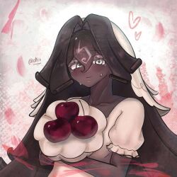 Rule 34 | 1girl, animification, artist request, black forest cookie, bouquet, bridal veil, brown hair, cherry, commentary request, cookie run, cookie run: kingdom, cross-shaped pupils, dark-skinned female, dark skin, dress, flower, food, fruit, hair between eyes, hair intakes, holding, long hair, looking at viewer, non-web source, puffy short sleeves, puffy sleeves, short sleeves, solo, source request, symbol-shaped pupils, veil, wedding dress, white dress, white eyes