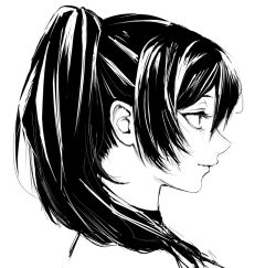 1girl black_hair closed_mouth from_side greyscale hair_between_eyes inoitoh looking_to_the_side medium_hair monochrome ponytail portrait side_ponytail smile solo sousou_no_frieren thick_eyelashes ubel_(sousou_no_frieren) upper_body