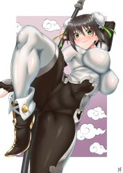 1girl arm_guards black_bodysuit black_boots black_gloves black_hair bodysuit boots breasts bun_cover covered_navel double_bun elbow_gloves fate/grand_order fate_(series) fingerless_gloves gloves green_eyes green_ribbon guriguri_(arayotto4351) hair_bun hair_ribbon highres jewelry large_breasts leg_up looking_at_viewer medium_hair neck_ring polearm qin_liangyu_(fate) ribbon sidelocks silver_trim smile solo spear thighs weapon white_bodysuit