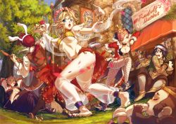 2girls 3boys animal_ears anklet arms_behind_head banana bar_(place) bard_(ragnarok_online) barefoot black_hair blonde_hair blue_eyes blush bracelet breasts brown_eyes cleavage coat crown dancer_(ragnarok_online) earrings english_text esha fishnets flower flower_wreath food fruit fur_trim harem_pants headband highres hoop_earrings instrument jacket jewelry large_breasts lots_of_jewelry merchant_(ragnarok_online) midriff monk_(ragnarok_online) monkey multiple_boys multiple_girls nail_polish navel necklace open_clothes open_coat open_mouth pants pointy_footwear pompadour ponytail rabbit_ears ragnarok_online red_eyes red_hair rogue_(ragnarok_online) rose shoes short_hair short_shorts shorts sitting soles sweater toenail_polish toenails underboob vest violin waistcoat