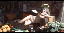 Rule 34 | 1girl, angel, apple, arm pillow, artist name, barcode, bare arms, black hair, black panties, blanket, blurry, book, book stack, bottle, bucket, ceiling light, couch, crossed arms, curtains, day, depth of field, detached wings, female focus, flower, food, framed insect, fruit, full body, hair ornament, hairclip, halo, head rest, highres, holding, holding flower, indoors, jar, lamp, letterboxed, light particles, long hair, looking at viewer, lying, magazine (object), messy room, no pants, no shoes, on side, orange eyes, original, panties, parted lips, picture frame, pillow, plant, potted plant, reclining, red flower, red rose, rose, shirt, short sleeves, solo, t-shirt, table, thighhighs, underwear, wall, white shirt, white thighhighs, wind, wings, xtears kitsune