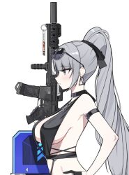 1girl arm_strap assault_rifle bare_shoulders bikini black_bikini black_choker black_gloves black_survival blunt_bangs breasts choker closed_mouth dalgam12 earrings eternal_return:_black_survival expressionless eyewear_on_head from_side gloves grey_eyes grey_hair gun hair_ribbon hand_on_own_hip haze_(black_survival) haze_(private_summer)_(black_survival) holding holding_gun holding_weapon jewelry long_hair medium_breasts official_alternate_costume ponytail profile ribbon rifle sideboob simple_background solo sunglasses swimsuit trigger_discipline upper_body very_long_hair weapon weapon_request white_background
