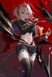 1girl antenna_hair arknights belt belt_buckle black_shirt black_shorts black_tail black_thighhighs buckle chinese_commentary collared_shirt commentary_request cowboy_shot crop_top cropped_shirt dagger grey_belt highleg highres holding holding_dagger holding_knife holding_weapon knife long_sleeves looking_at_viewer medium_hair midriff multicolored_hair navel o-ring orange_eyes red_hair shirt short_shorts shorts solo standing streaked_hair tail thigh_belt thigh_strap thighhighs w_(arknights) weapon white_hair wis&#039;adel_(arknights) yun_kai. zettai_ryouiki