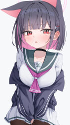 1girl absurdres animal_ears black_choker black_hair black_hoodie blue_archive blunt_bangs blunt_ends blush bob_cut cat_ears cat_girl choker collarbone commentary cowboy_shot extra_ears eyelashes green_sailor_collar hair_ornament hairclip halo highres hood hoodie hoodie_partially_removed kazusa_(blue_archive) looking_at_viewer miniskirt multicolored_hair neckerchief open_mouth pink_hair pink_halo pink_neckerchief pleated_skirt red_eyes sailor_collar school_uniform serafuku shirt simple_background skirt sleeves_past_wrists solo sweatdrop tsurime two-tone_hair v_arms wendao white_background white_serafuku white_shirt white_skirt