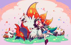 1girl bag black_footwear black_vest blue_shorts boots brown_hair clenched_hands closed_eyes closed_mouth commentary_request creatures_(company) exposed_pocket flower game_freak gen_5_pokemon grass hat high_ponytail highres hilda_(pokemon) korean_commentary larvesta nintendo open_clothes open_vest pink_bag pokemon pokemon_(creature) pokemon_bw ponytail selyg15 shirt shorts shoulder_bag sidelocks sleeveless sleeveless_shirt slither_wing smile spread_legs vest white_hat white_shirt