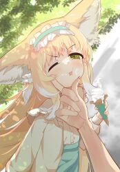 1girl 1other animal_ears arknights blonde_hair chinese_commentary commentary_request eugrlt food fox_ears frilled_hairband frills green_eyes hairband highres holding ice_cream ice_cream_cone long_hair official_alternate_costume one_eye_closed solo_focus suzuran_(arknights) suzuran_(spring_praise)_(arknights)