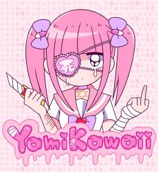 1girl bandaged_wrist bandages black_eyes blood blunt_bangs bow boxcutter closed_mouth collar expressionless eyepatch eyewear_strap ezaki_bisuko heart hexagram highres holding holding_boxcutter jewelry looking_at_viewer menhera-chan_(ezaki_bisuko) menhera-chan_(ezaki_bisuko)_(character) middle_finger necklace outline pink_background pink_hair pink_sailor_collar pink_theme purple_bow purple_collar sailor_collar school_uniform self-harm self-harm_scar serafuku short_twintails sidelocks solo star_of_david tears text_background twintails white_outline white_serafuku yami_kawaii