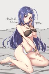 1girl ahoge bare_legs barefoot bed_sheet bikini blue_hair bracelet breasts closed_mouth collarbone dated full_body hand_on_own_face hand_on_own_thigh hand_up idolmaster idolmaster_(classic) jewelry kokugo large_breasts long_hair looking_at_viewer miura_azusa multicolored_bikini navel o-ring o-ring_bikini o-ring_top on_bed purple_eyes sitting solo swimsuit twitter_username