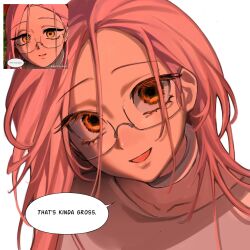 1girl alien_stage choker comic_panel_redraw commentary derivative_work english_commentary english_text glasses head_tilt highres long_hair mizi_(alien_stage) open_mouth pink_hair reference_inset smile solo squimshi white_choker yellow_eyes