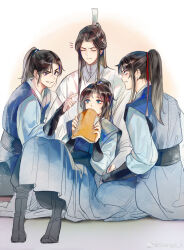 0jae 4boys absurdres angry annoyed artist_name bishounen black_hair blue_eyes blue_robe blue_sash book chinese_clothes chinese_commentary chu_wanning clenched_teeth closed_eyes closed_mouth commentary_request covering_own_mouth erha_he_tadebai_mao_shizun green_eyes grin hair_between_eyes hair_ornament hair_ribbon hand_up hands_up hanfu high_ponytail highres holding holding_book index_finger_raised long_hair long_sleeves looking_at_another male_focus mo_ran multiple_boys open_book parted_bangs pointing pointing_at_another ponytail profile puffy_sleeves purple_eyes red_ribbon ribbon robe sash shi_mei sidelocks sitting smile sweatdrop teeth vambraces watermark weibo_watermark white_robe xue_meng