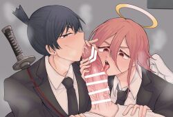 Rule 34 | 1futa, 2boys, angel devil (chainsaw man), bar censor, black hair, black necktie, censored, chainsaw man, commission, cooperative fellatio, erection, fellatio, femdom, formal clothes, futa on male, futa with male, futanari, futanari pov, halo, hayakawa aki, highres, large penis, licking, licking penis, long hair, long sleeves, makima (chainsaw man), male focus, multiple boys, necktie, open mouth, oral, penis, pov, red hair, shirt, skeb commission, steaming body, suit, sword, sword on back, teamwork (sexual), tongue, tongue out, weapon, weapon on back, white shirt, yuyumaru aikichi