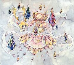 black_eyes brown_eyes crystal diancie full_body gen_3_pokemon gen_6_pokemon grey_background jirachi legendary_pokemon mega_diancie mega_pokemon mythical_pokemon nintendo non_(kumakawayusu) open_mouth pokemon pokemon_(creature) smile traditional_media