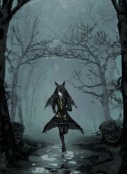 1girl absurdres animal_ears bare_tree belt black_belt black_choker black_coat black_gloves black_hair black_pantyhose black_shoes black_skirt bush choker closed_mouth coat ear_ornament ear_tag earrings fog forest frown gloves hair_between_eyes hands_up highres horse_ears horse_girl jewelry long_bangs long_hair long_hair_between_eyes long_sleeves manhattan_cafe_(umamusume) multicolored_hair nature necktie pantyhose pleated_skirt running shoes single_earring skirt solo thefatum tree umamusume very_long_hair white_hair white_trim yellow_eyes yellow_necktie