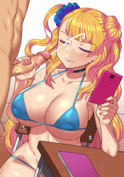 Rule 34 | 1boy, 1girl, bikini, black choker, blonde hair, blue bikini, blue scrunchie, blush, breasts, cellphone, censored, chair, choker, cleavage, closed eyes, closed mouth, collarbone, commentary request, cum, desk, earrings, ejaculation, foreskin, galko, gyaru, hair ornament, hair scrunchie, handjob, heart, heart choker, hetero, holding, holding phone, jewelry, large breasts, long hair, mosaic censoring, multitasking, notebook, nt00, oshiete! galko-chan, penis, phone, pink nails, school chair, school desk, scrunchie, sitting, smartphone, solo focus, swimsuit