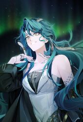 1girl absurdres aurora bare_shoulders black_coat blue_hair breasts coat dress fangs green_eyes grin hand_up highres hissabeth long_hair looking_up medium_breasts night night_sky off_shoulder open_clothes open_coat red_pupils reverse:1999 scales sky slit_pupils smile snake snake_on_head solo star_(sky) starry_sky strapless strapless_dress teeth upper_body v6km6 very_long_hair white_dress